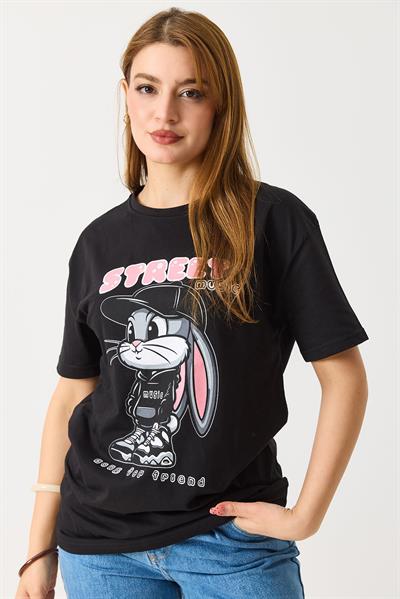 Kadın Baskılı Bisiklet Yaka Kısa Kol Tshirt Siyah