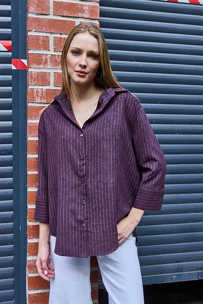 Kadın Çizgili Oversize Saten Süet Yumuşak Dokulu Gömlek  Mürdüm