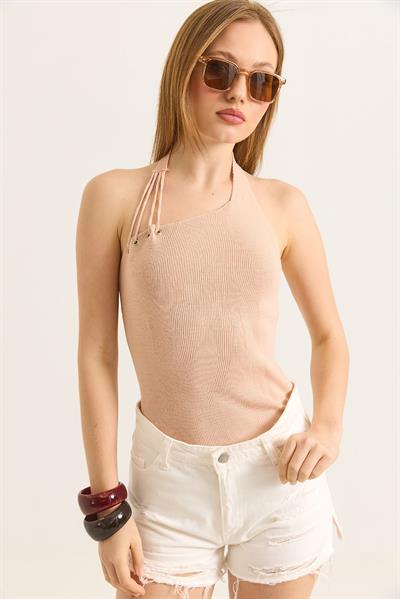 Tek Omuz Boyun Detaylı Triko Bluz Pudra