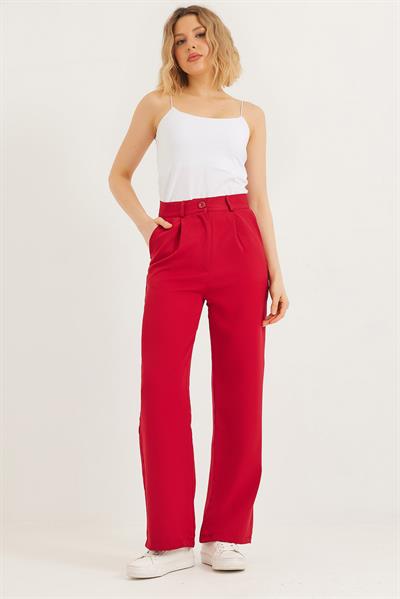 Yüksek Bel Bol Paça Palazzo Pantolon Kırmızı