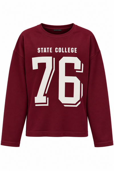 Kadın Baskılı Bisiklet Yaka Sweattshirt Bordo