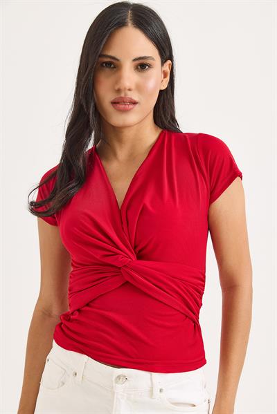 Kruvaze Yaka Çarpaz Bağlama Detaylı Bluz Kırmızı