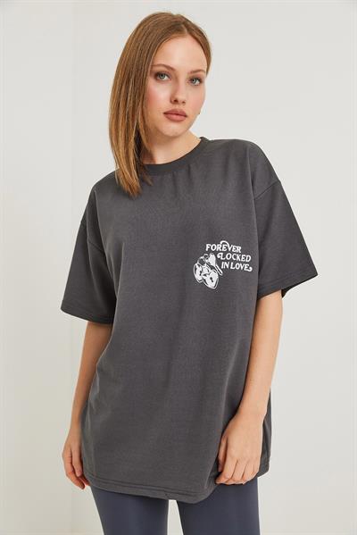 Baskılı Oversize İki İplik Tshirt Füme