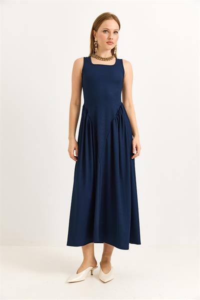 Bel Büzgülü Kalın Askılı Elbise Lacivert