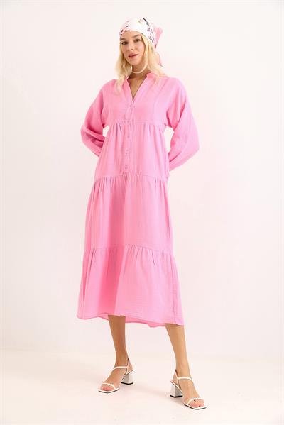 Müslin Midi Boy Düğmeli Pembe Elbise