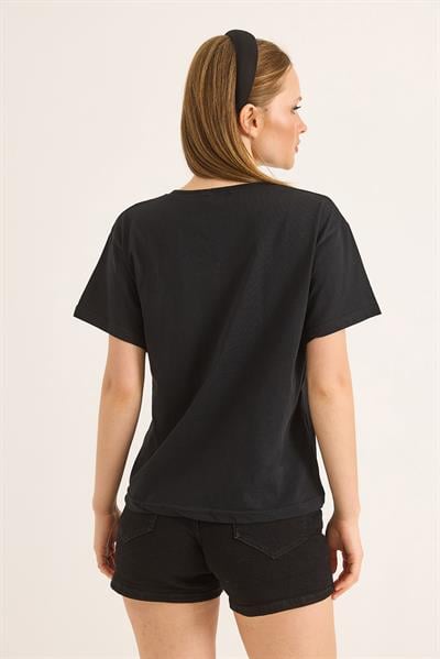Fiyonk Detaylı Fit Pamuk Tshirt Siyah