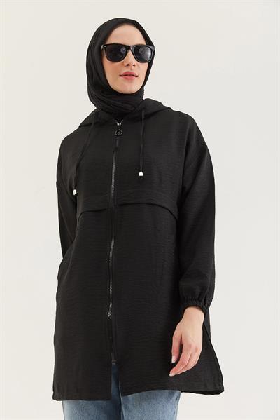 Araboy Kapşonlu Keten Kap Siyah