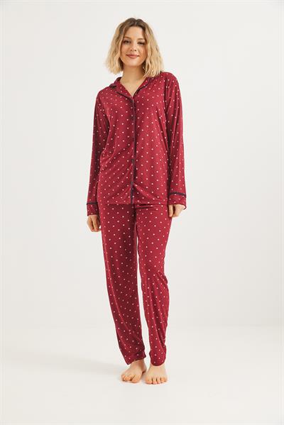 Düğmeli Uzun Kollu Pijama Takımı Kırmızı