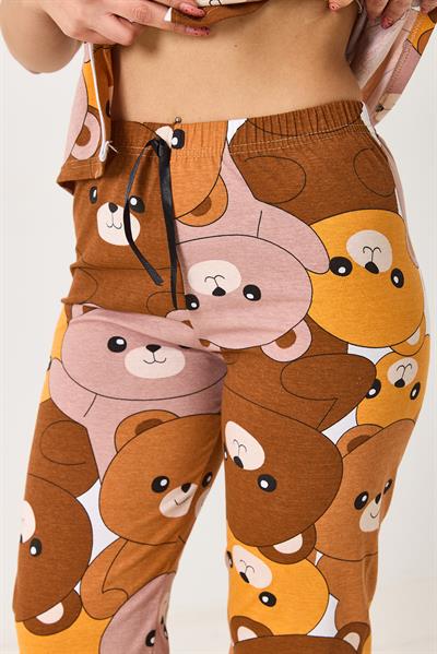 Kadın Kısa Kollu Düğmeli Desenli Pijama Takımı Taba