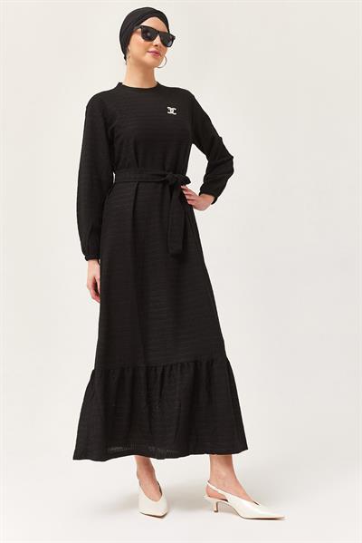 Kuşaklı Kat Keten Elbise Siyah