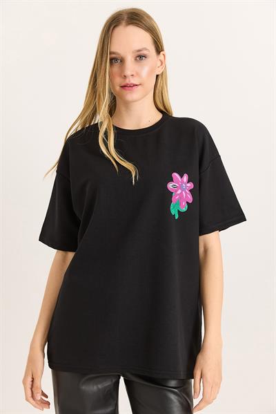 Baskılı Bisiklet Yaka Basic Tshirt Siyah