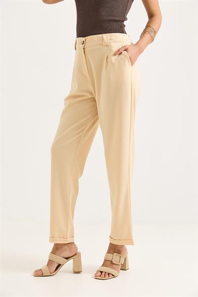 Beli Lastikli Katlı Paça Kadın Pantolon Krem