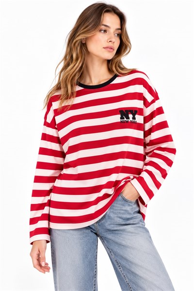 Kadın Baskılı Bisiklet Yaka Oversize Sweatshirt Kırmızı