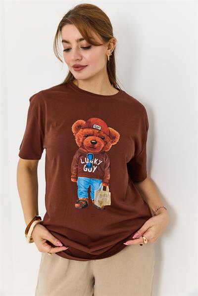 Ayıcık Baskılı Pamuklu Bisiklet Yaka Tshirt Kahverengi