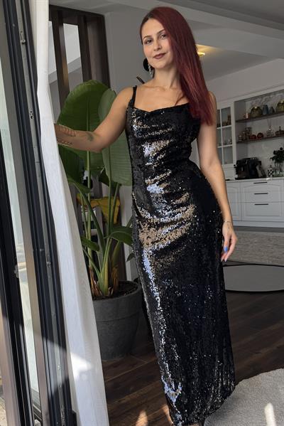 Kadın Full Payet İşlemeli İnce Askılı Şık Gece Elbisesi Siyah