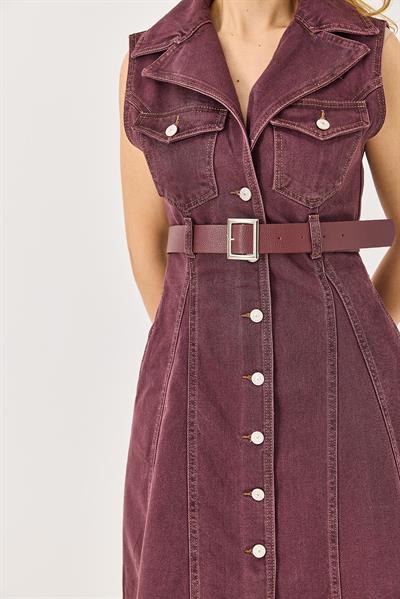 Kemerli Önden Düğmeli Kolsuz Denim Elbise Mürdüm