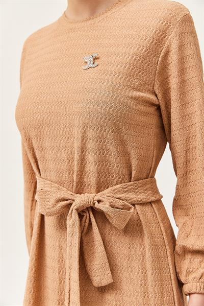 Kuşaklı Kat Keten Elbise Vizon