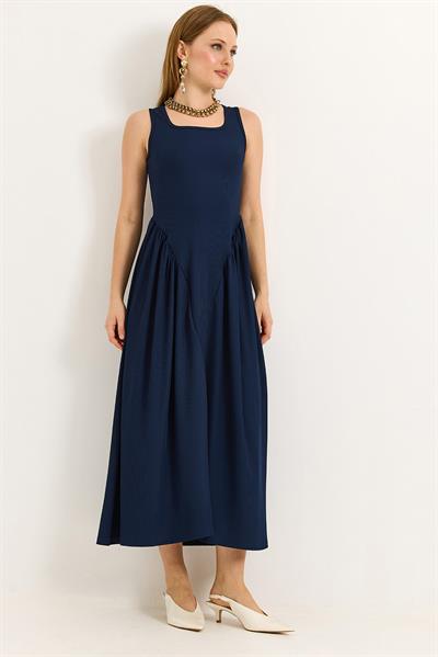 Bel Büzgülü Kalın Askılı Elbise Lacivert