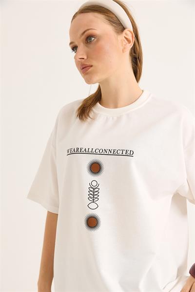 Bisiklet Yaka Kısa Kol Baskılı Tshirt Beyaz