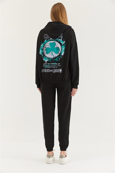 Kapüşonlu Baskılı Eşofman Takım Siyah