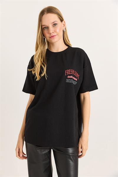 Rahat Kesim Baskılı Kadın Tshirt Siyah