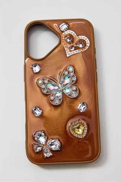İphone 16 Plus Uyumlu  Kelebek ve Kalp Kabartmalı Taşlı Kılıf Taba