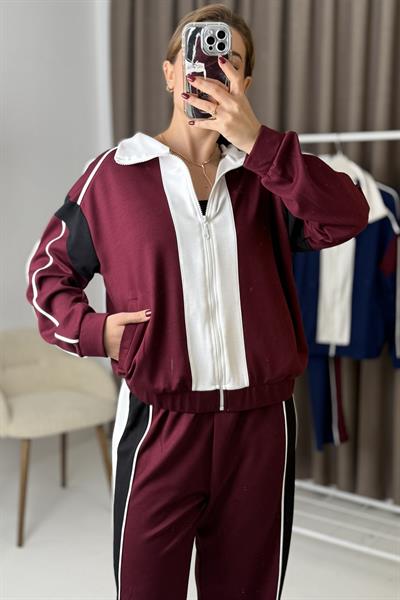 Kadın Garnili Fermuarlı Modal Takım Bordo