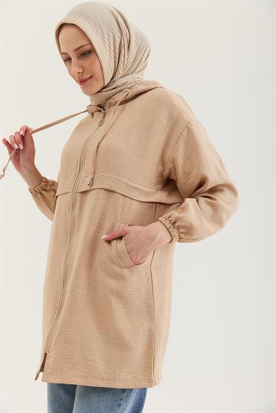 Araboy Kapşonlu Keten Kap Bej