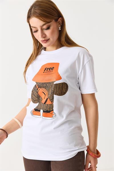 Kadın Baskılı Bisiklet Yaka Kısa Kol Tshirt Beyaz