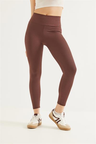 Yüksek Bel Fitilli Toparlayıcı Tayt Kahverengi