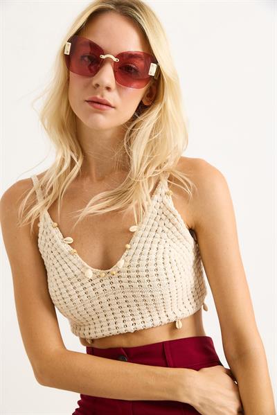 Boncuk Detaylı Örgü  Şık Crop Top Ekru