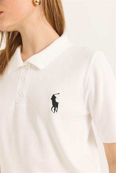 Nakışlı Polo Yaka Düğme Detaylı Triko Tshirt	Beyaz
