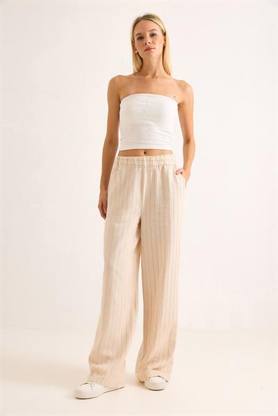 Çizgi Desenli Bol Paçalı Keten Pantolon Pembee