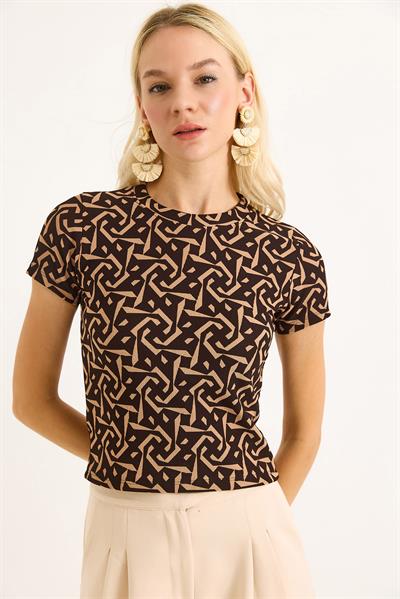 Geometrik Desen Kısa Kollu Bluz Kahverengi