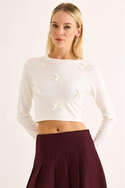 Kadın Kurdeleli Uzun Kollu Crop Bluz Beyaz