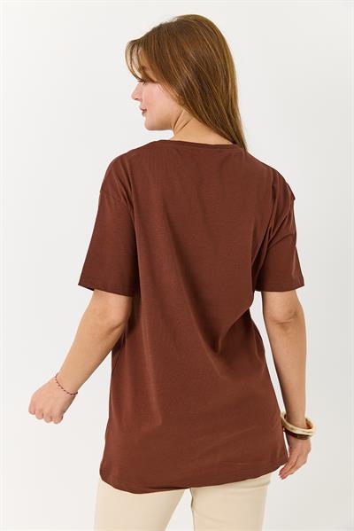 Kadın Bisiklet Yaka Motor Baskılı Tshirt Kahverengi