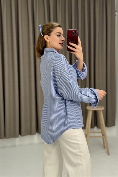 Kadın Uzun Kollu Oversize  Gömlek Mavi