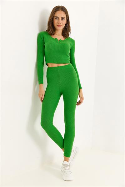 Kadın Esnek Tayt Crop Takım Yeşil