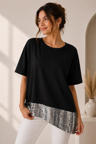 Kadın Eteği Payetli Bisiklet Yaka Oversize Tshirt Siyah