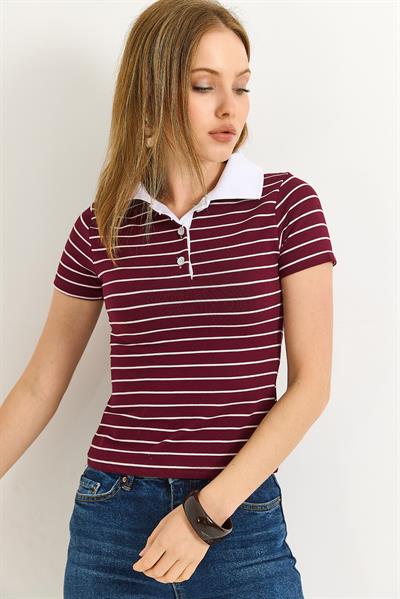 Polo Yaka Çizgi Desenli Kadın Tshirt Bordo