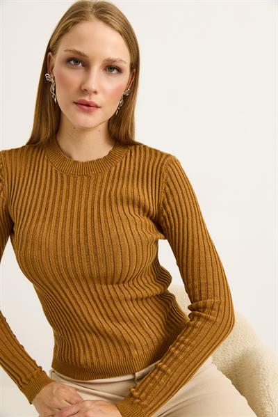 Bisiklet Yaka Triko Örme Bluz Taba