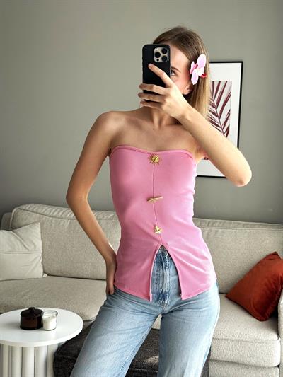 Düğme Detaylı Ottoman Straplez Pembe