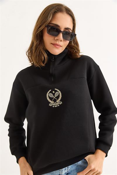 Kadın Dik Yaka Fermuarlı Roket Baskılı Sweatshirt Siyah