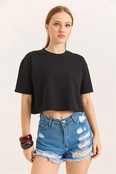 Bisiklet Yaka Havalı Crop İki İp Tshirt Siyah