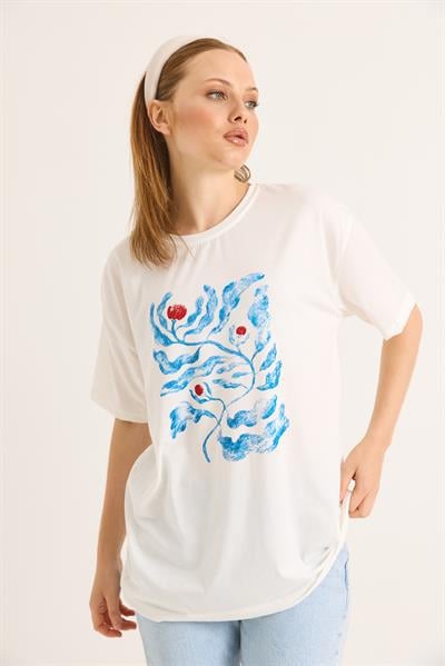 Yumuşak Dokulu Etnik Baskılı Fit Tshirt Beyaz