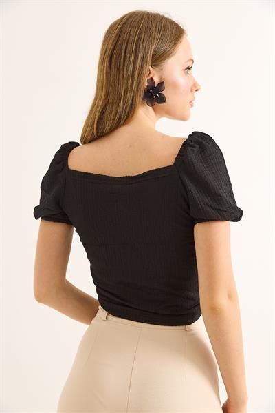 Prenses Kol Önden Büzgülü Bluz Siyah