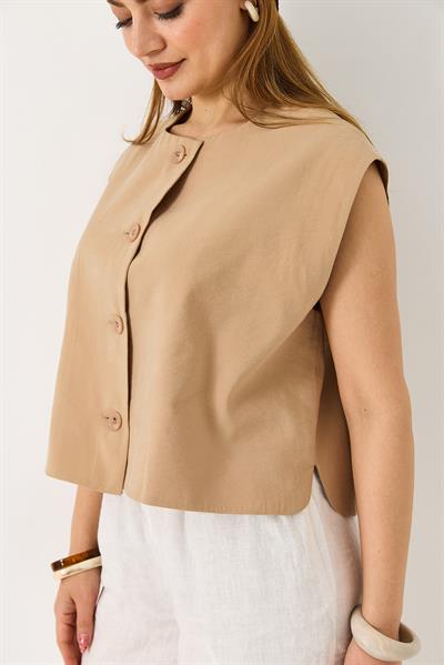 Kadın Kısa Kollu Düğmeli Crop Yelek Vizon