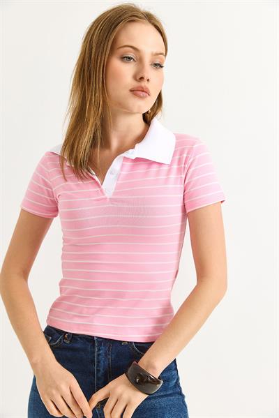 Polo Yaka Çizgi Desenli Kadın Tshirt Pembe