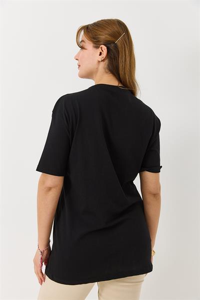 Kadın Parlak Baskılı Bisiklet Yaka Tshirt Siyah