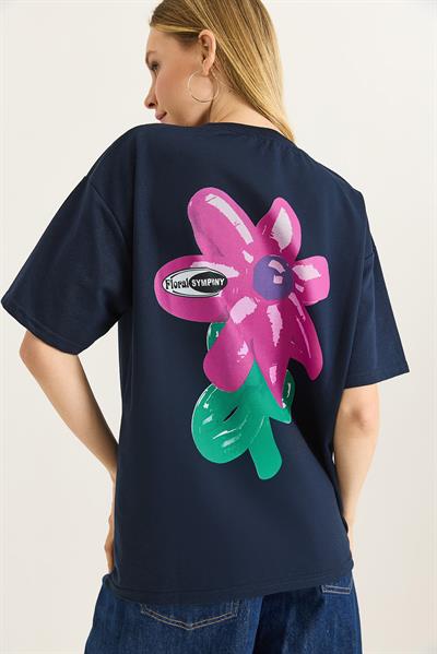 Baskılı Bisiklet Yaka Basic Tshirt Lacivert